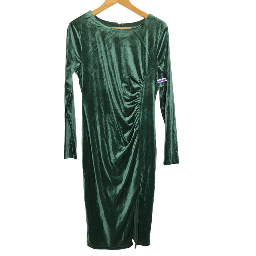 Love By Design Isla Dress Ruched Front Slit Long Sleeve Bodycon Emerald Green L View 3